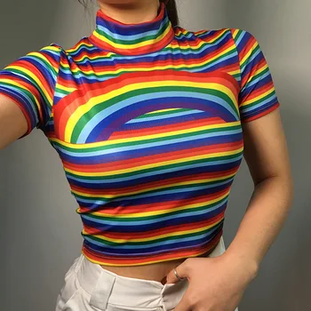 Slim Waist Cropped T-shirts Women Fashion Rainbow Print Sexy Navel Bare Turtleneck Casual T-shirt Crop Top 2019 Summer
Slim Waist Cropped T-shirts Women Fashion Rainbow Print Sexy Navel Bare Turtleneck Casual T-shirt Crop Top 2019 Summer