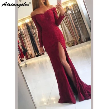 New Design 2019 Long Sleeve Prom Long Elegant Dresses Mermaid Off the Shoulder Split Front Burgundy Lace Prom Dress with Beading
New Design 2019 Long Sleeve Prom Long Elegant Dresses Mermaid Off the Shoulder Split Front Burgundy Lace Prom Dress with Beading