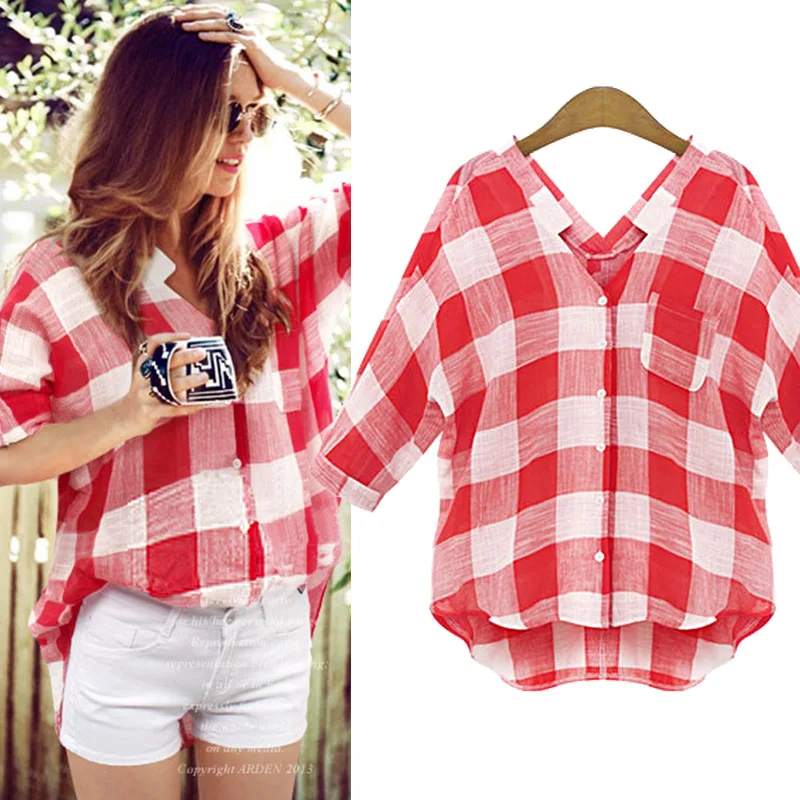 New Fashion Casual Plaid Shirt Women Loose Long Blouse V- Neck Shirt Leisure Red And White Women Casual Shirt Spring Autumn
New Fashion Casual Plaid Shirt Women Loose Long Blouse V- Neck Shirt Leisure Red And White Women Casual Shirt Spring Autumn