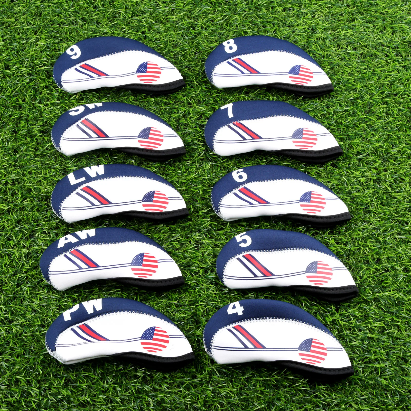 GOG 10 Pcs Golf Club Iron Head Covers Neoprene Golf Headcovers Set Protector (White With Blue US Flag) All Irons Clubs
GOG 10 Pcs Golf Club Iron Head Covers Neoprene Golf Headcovers Set Protector (White With Blue US Flag) All Irons Clubs