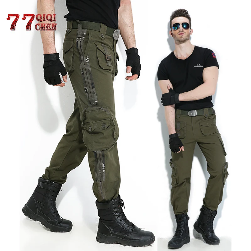 Фото Cargo Pants Male Army Clothing Tactical Military Work Wear Many Pocket Combat 100% Cotton Straight Trousers masculino | Мужская одежда