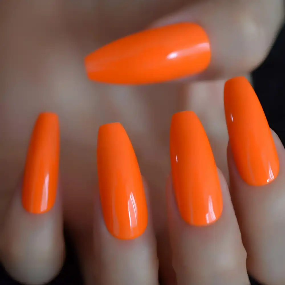 Hot Neon Orange Long Coffin Nails Amazing Glossy Uv Gel