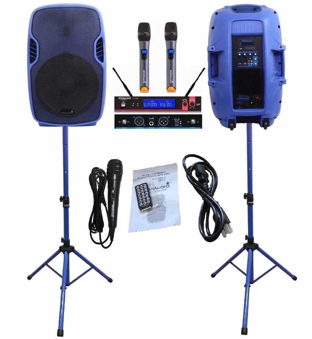 STARAUDIO SSBM-15RGB Pair Blue 15" 3500W Power Active DJ Stage USB SD FM BT Stage Speakers W/ 2CH UHF Mic Stands 2 Wired Mic
STARAUDIO SSBM-15RGB Pair Blue 15" 3500W Power Active DJ Stage USB SD FM BT Stage Speakers W/ 2CH UHF Mic Stands 2 Wired Mic