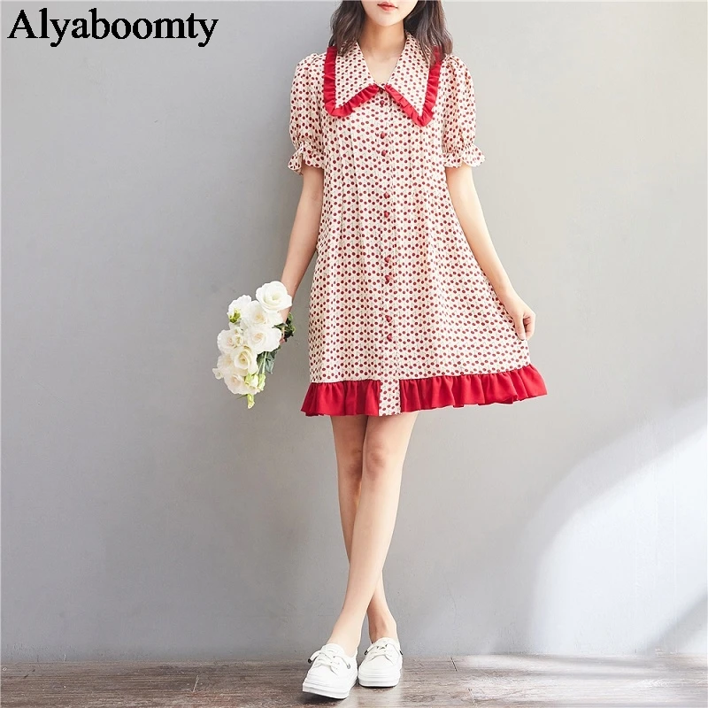 Japanese Mori Girl Summer Women Cute Dress Turn-Down Collar Red Cherry Printed Shirt Dress Elegant Kawaii Ruffles Sweet Dresses
Japanese Mori Girl Summer Women Cute Dress Turn-Down Collar Red Cherry Printed Shirt Dress Elegant Kawaii Ruffles Sweet Dresses
