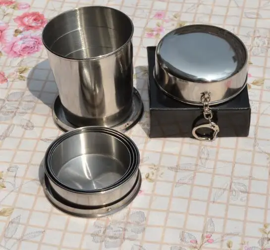 100pcs/lot240ML 140ML 75ML Stainless Steel Camping Folding Cup Portable Outdoor Travel Demountable Collapsible Cup With Keychain
100pcs/lot240ML 140ML 75ML Stainless Steel Camping Folding Cup Portable Outdoor Travel Demountable Collapsible Cup With Keychain