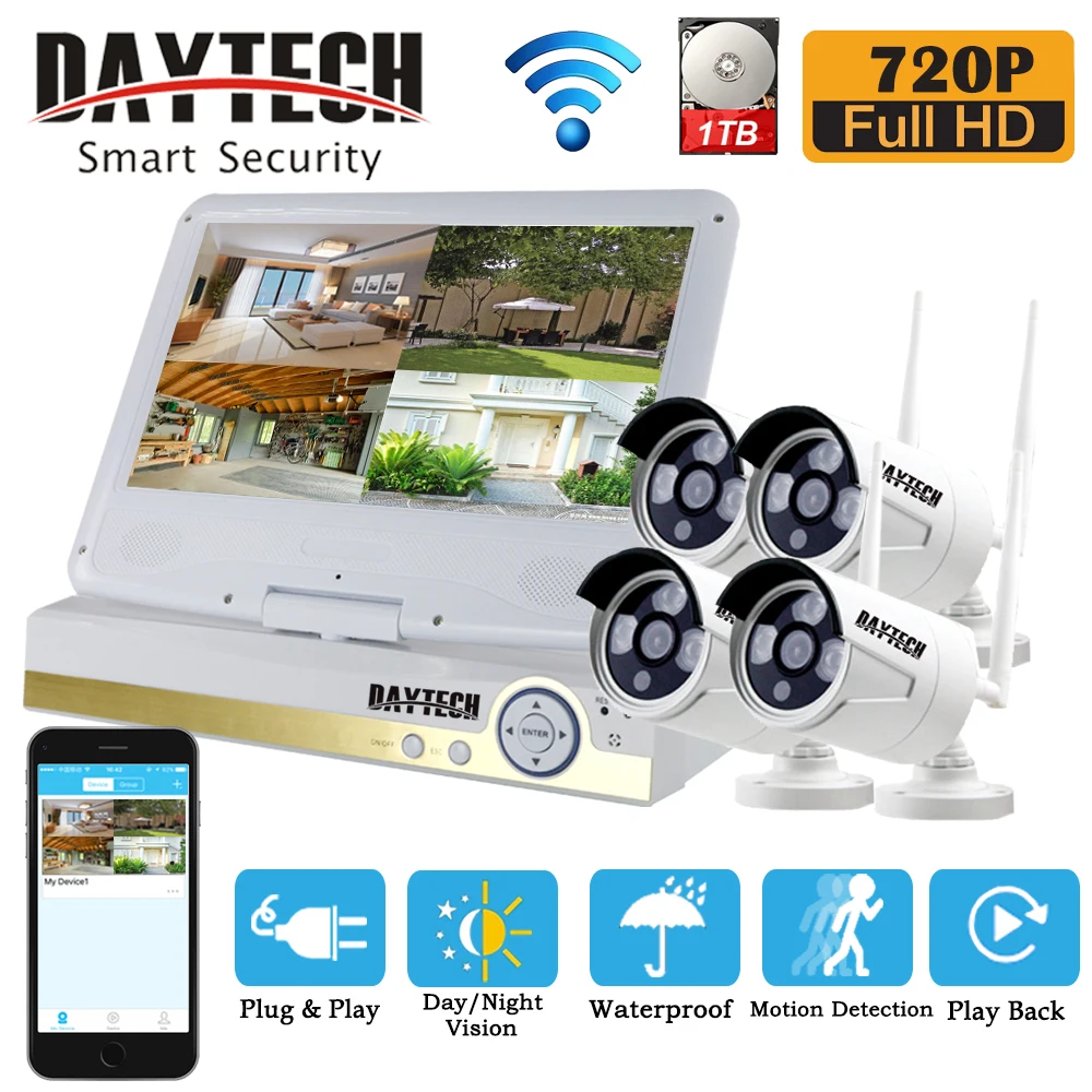 

DAYTECH Security Camera System Wireless IP WiFi NVR Surveillance Kit 4CH 720P CCTV 1TB HDD IR Night Vision 10.1" LCD Monitor