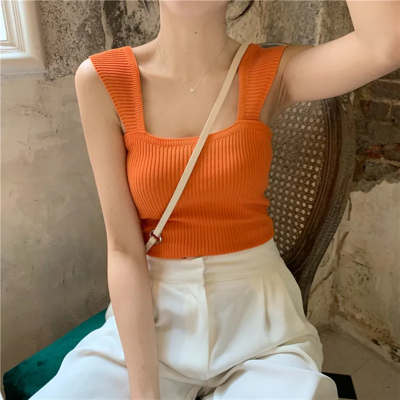 Summer Female Camisole Top Sleeveless Wide Strap Ribbed Knit Base Cropped Tops Korean Style Elastic Slim Square Neckline Vest
Summer Female Camisole Top Sleeveless Wide Strap Ribbed Knit Base Cropped Tops Korean Style Elastic Slim Square Neckline Vest