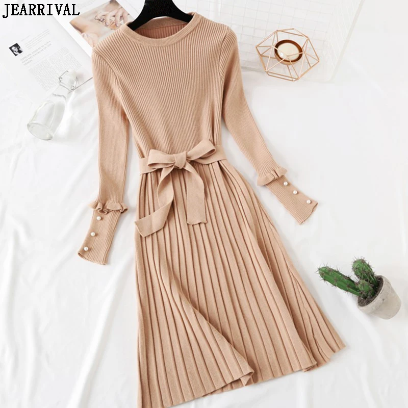 2019 Long Sleeve Autumn Winter Sweater Dress Korean Women Beading Cuff O-Neck Knitted Dress Female A-Line Vestidos De Festa
2019 Long Sleeve Autumn Winter Sweater Dress Korean Women Beading Cuff O-Neck Knitted Dress Female A-Line Vestidos De Festa