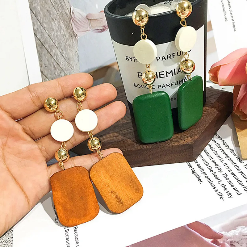 2018 New Arrivals Fashion Personality DIY Wooden Geometric Square Round Connection Long Statement Drop Earrings Women Jewelry | Украшения и