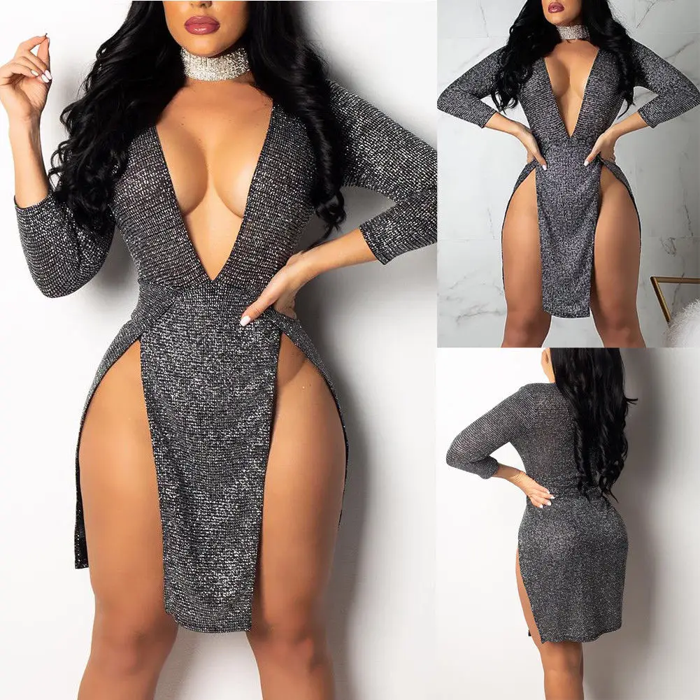 Deep V Neck Grey Sequined Three Quarter Sexy Dress Women front Split Mini Dress Short Evening Party Club Strap Dresses Vestidos
Deep V Neck Grey Sequined Three Quarter Sexy Dress Women front Split Mini Dress Short Evening Party Club Strap Dresses Vestidos