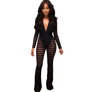 Sexy Striped Sheer Mesh Jumpsuit with Lining Women Long Sleeves Deep V- Neck Wide Leg Romper Clubwear Party Overalls
Sexy Striped Sheer Mesh Jumpsuit with Lining Women Long Sleeves Deep V- Neck Wide Leg Romper Clubwear Party Overalls