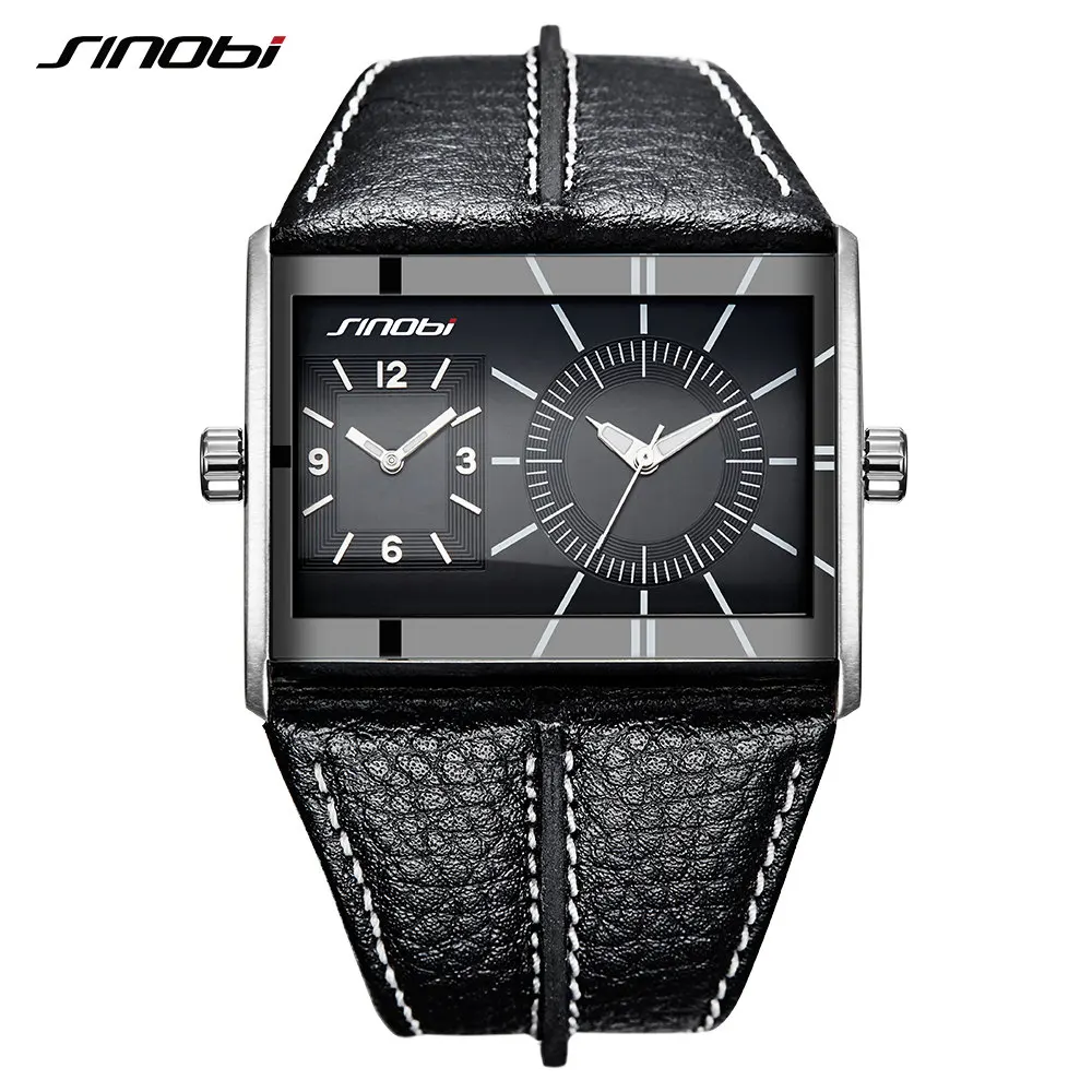 

SINOBI Brand Multiple Time Zone Men Fashion Watches Unique Design Men's Leather Quartz Wristwatches Clock relogio masculino