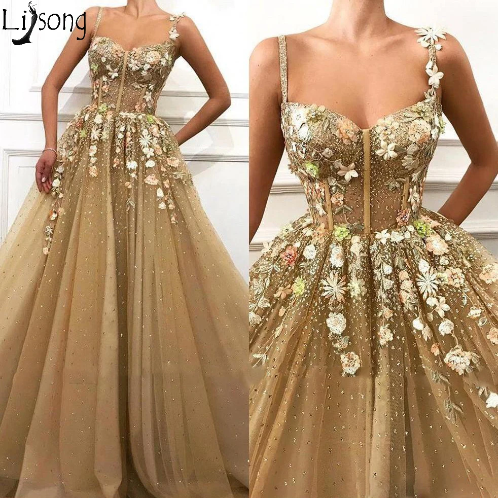 3D Floral Spaghetti Straps Tulle A Line Long Prom Dresses Lace Applique 2019 New Evening Dress Gold Formal Party Gowns
3D Floral Spaghetti Straps Tulle A Line Long Prom Dresses Lace Applique 2019 New Evening Dress Gold Formal Party Gowns