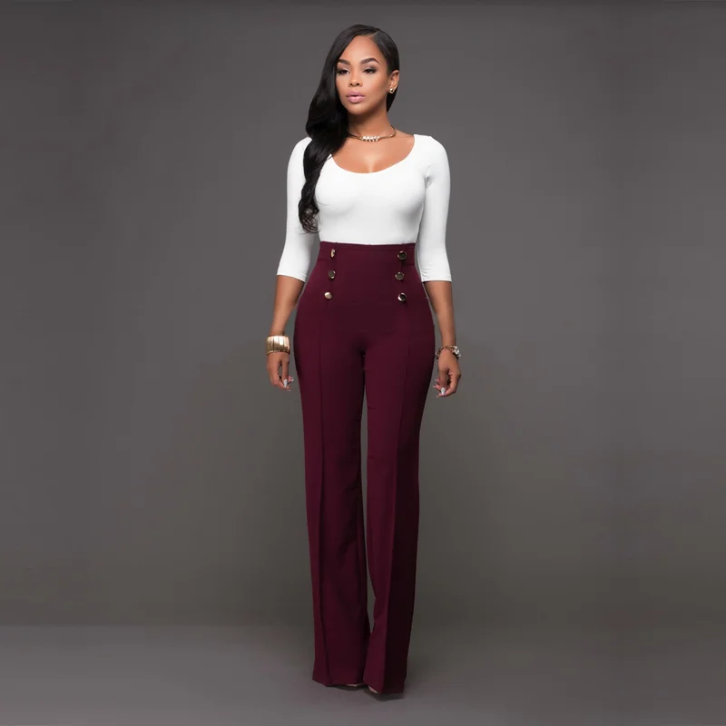 Burgundy Elegant Formal Workwear Double Button Pants Elegant Wide Leg High Waist Long Pants Summer Women Casual Flare Trousers 
Burgundy Elegant Formal Workwear Double Button Pants Elegant Wide Leg High Waist Long Pants Summer Women Casual Flare Trousers