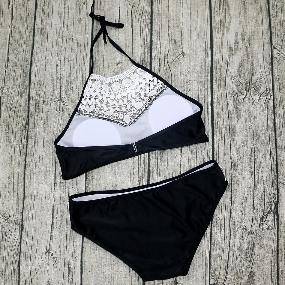 2017 Sexy Halter Crochet Lace Bikini High Neck Swimsuit Women Swimwear Bathing Suits Brazilian Biquini Maillot de Bain Black 16