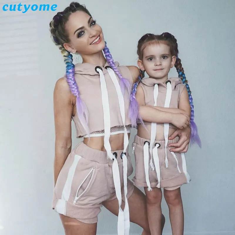 Mommy And Me Summer Sport Mathing Clothing Set Sleeveless Hooded tshirt+Cotton Skirt For Family Mother Daughter Clothes Outfits (7)