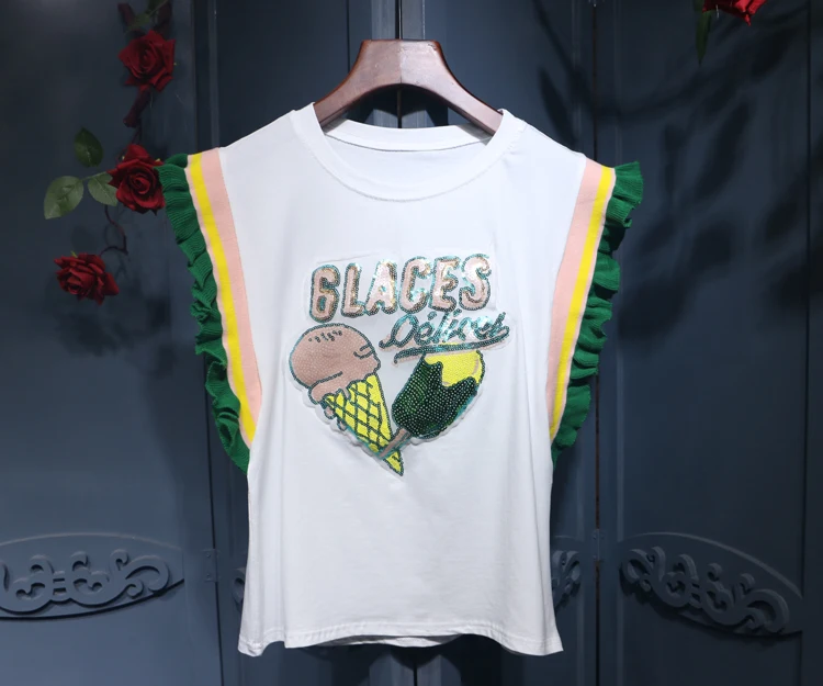 Women Summer Sequined Letter Ice Cream Patterns Butterfly Sleeves Cotton Tshirts Tees Knitted Ruffles Patchwork Jumper Tops
Women Summer Sequined Letter Ice Cream Patterns Butterfly Sleeves Cotton Tshirts Tees Knitted Ruffles Patchwork Jumper Tops