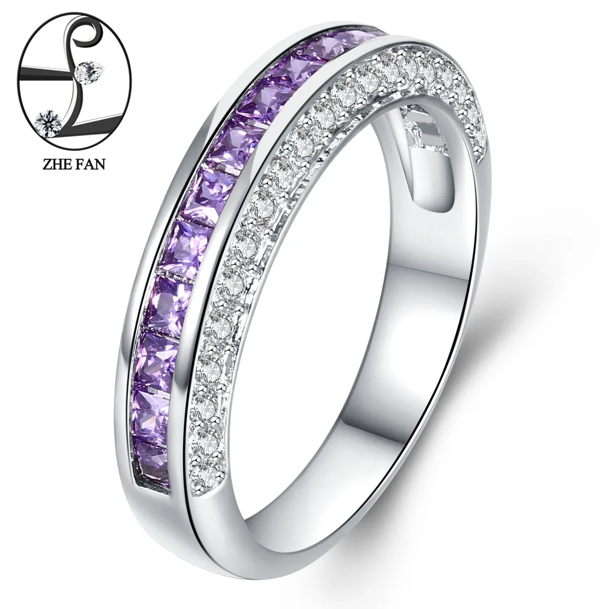 ZHE FAN Fashion Jewelry Ring Purple AAA Cubic Zirconia Pave Setting Rhodium Plating For Women Wedding Party Gift Size 6 7 8 9 10 | Украшения