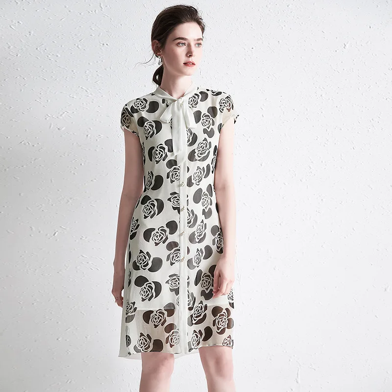 White Printing Midi Shirt Dress Summer Silk Dresses Ladies Sweet Bow Collar Robbins sukienka
White Printing Midi Shirt Dress Summer Silk Dresses Ladies Sweet Bow Collar Robbins sukienka