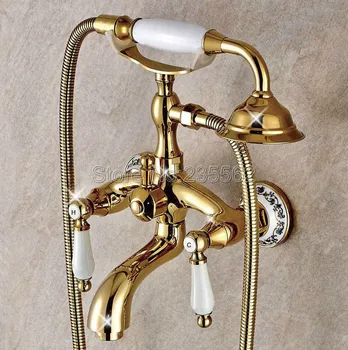 Golden Brass Porcelain Base Wall Mount Bathroom Shower Bathtub Faucet Set Dual Handle Mixer Tap + Ceramic Handheld Spray ltf414
Golden Brass Porcelain Base Wall Mount Bathroom Shower Bathtub Faucet Set Dual Handle Mixer Tap + Ceramic Handheld Spray ltf414