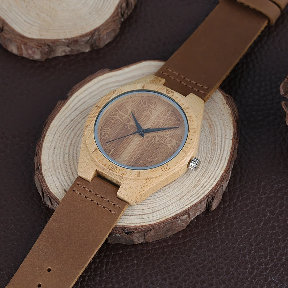 Life Tree Natural Wood Watch Men's Handcrafted Craving Quartz Analog Simple Leather Band Clock Bamboo Wood Wrist Watches for Men (11)