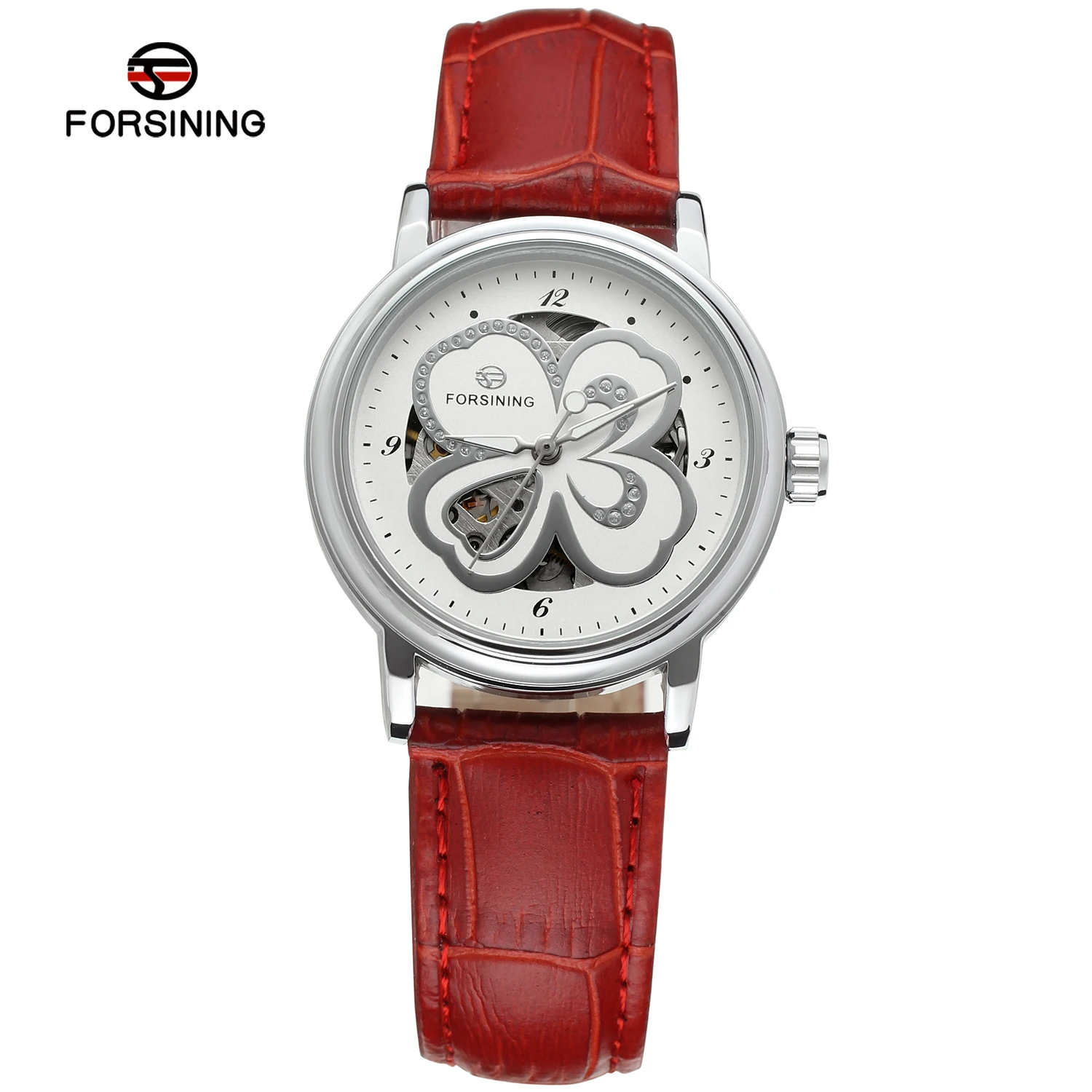 Forsining FSL8014M3 Women's Watch w/ Skeleton Analog Dial & Transparent Crystal Decoration & Leather Strap