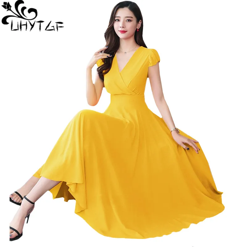 UHYTGF High end chiffon Beach dress Korean Large swing Bohemia Long dress Elegant women Summer dress Plus size party dresses 338 
UHYTGF High end chiffon Beach dress Korean Large swing Bohemia Long dress Elegant women Summer dress Plus size party dresses 338