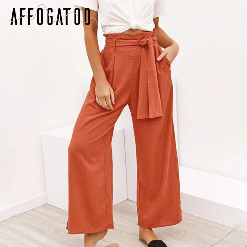 Affogatoo Casual linen cotton summer pants women Sashes wide leg solid female black pants Loose holiday ladies pants plus size 
Affogatoo Casual linen cotton summer pants women Sashes wide leg solid female black pants Loose holiday ladies pants plus size