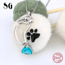 100% 925 스털링 실버 귀여운 동물 강아지 발 인쇄 펜 던 트 체인 목걸이 cz & 에 나 멜 diy 패션 쥬얼리 여성 선물 만들기(China)