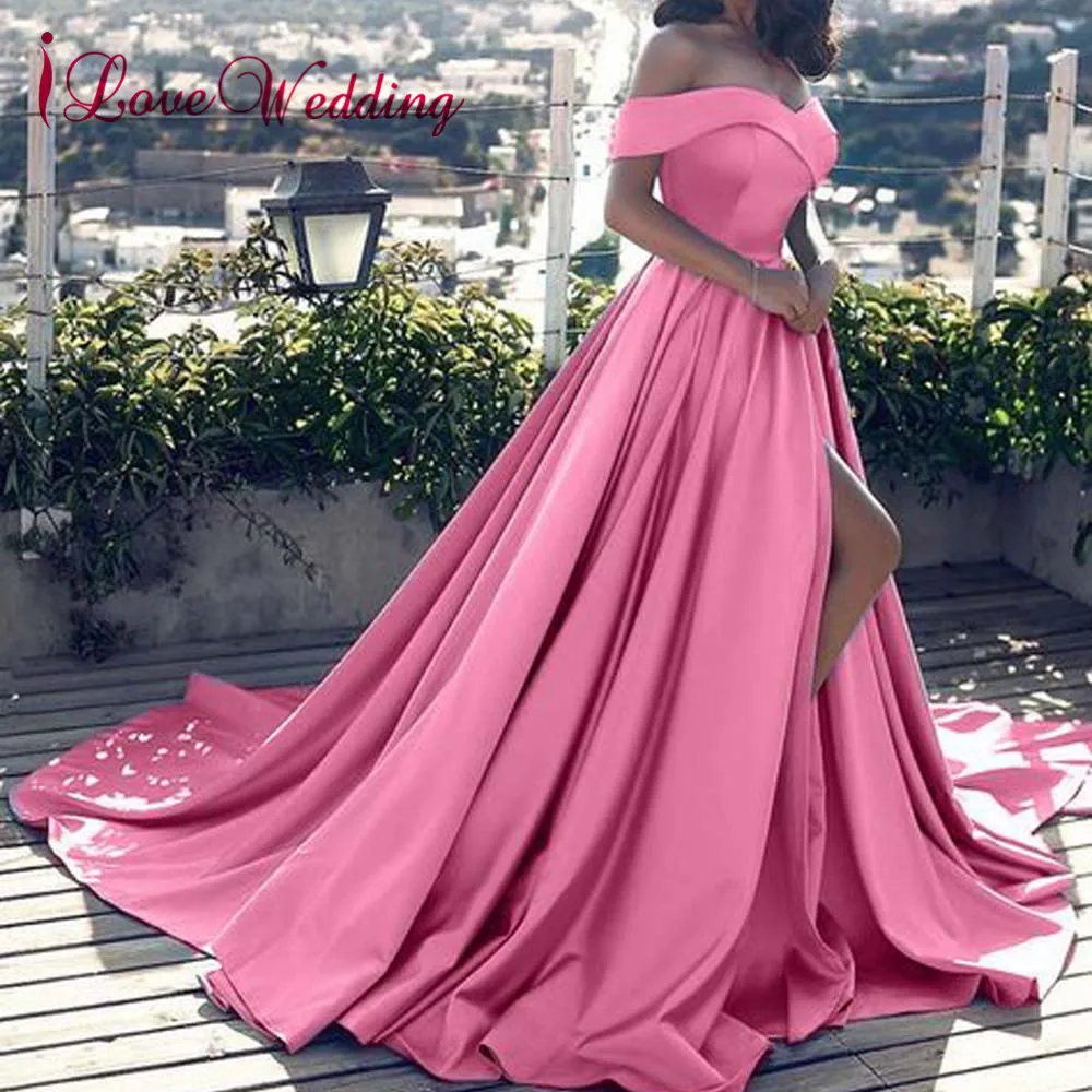 Розовое вечернее платье сексуальное сатиновое длинное А силуэта с треугольным