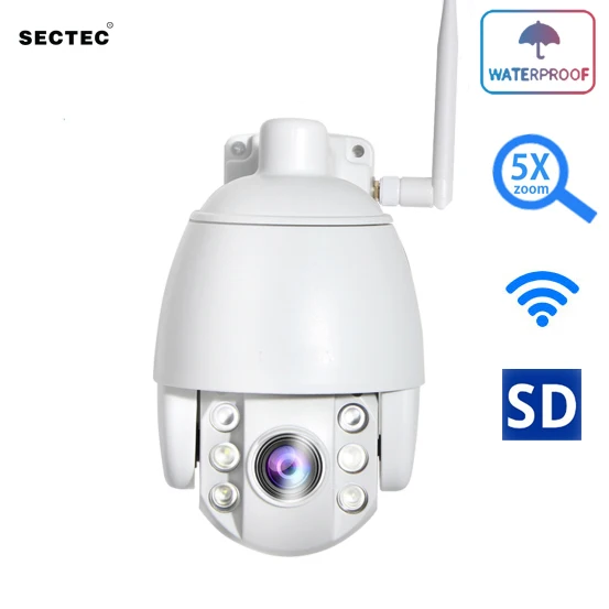 Sectec Outdoor 5X Zoom / 4mm Fixed Lens PTZ Speed Dome WIFI IP Camera Waterproof Wireless Camera IR 60m Two Way Audio P2P
Sectec Outdoor 5X Zoom / 4mm Fixed Lens PTZ Speed Dome WIFI IP Camera Waterproof Wireless Camera IR 60m Two Way Audio P2P