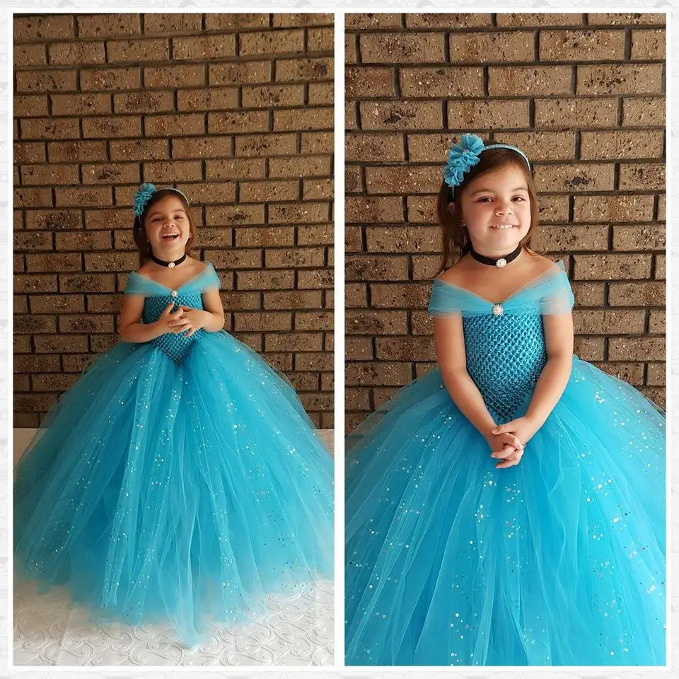 

Turquoise blue Glittery Kids Girl Dress Wedding Party Photograph V- Shaped Girls Tutu Dress for Party Spark Tulle Girls Clothes