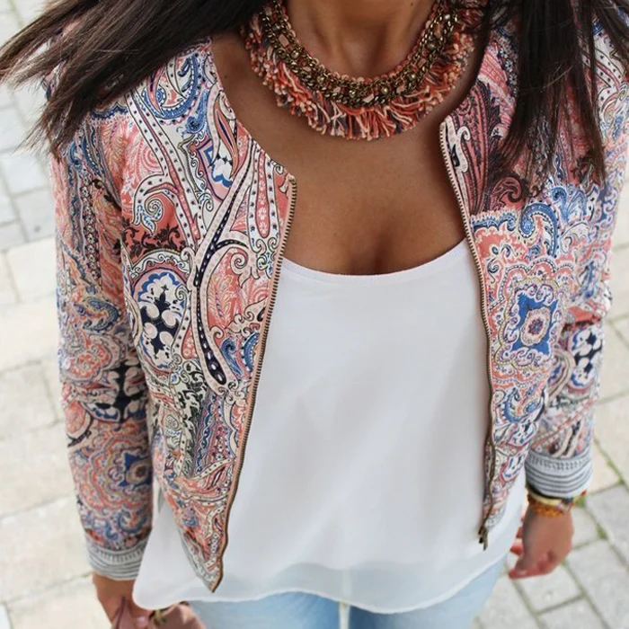 Plus Size - Floral Women Long Sleeve Bohemian Zipper Jacket