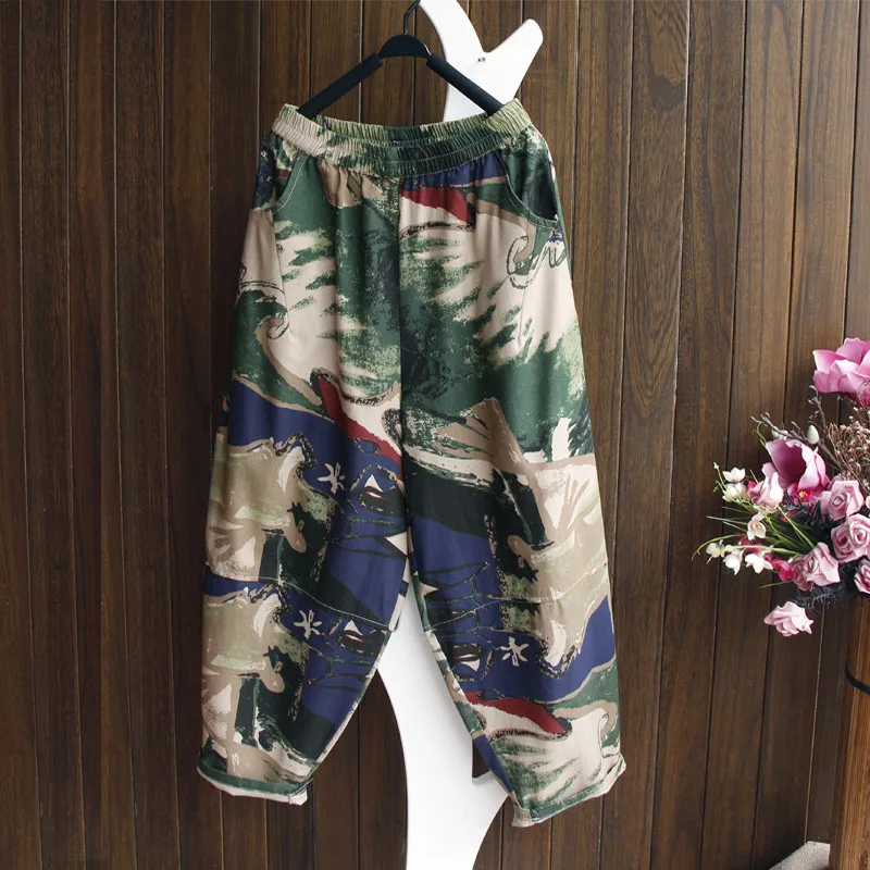 Spring Retro National Printed Cotton Linen Pants Women Slacks Casual Ankle-Length Elastic High Wasit Harem Trousers Lantern 2019
Spring Retro National Printed Cotton Linen Pants Women Slacks Casual Ankle-Length Elastic High Wasit Harem Trousers Lantern 2019