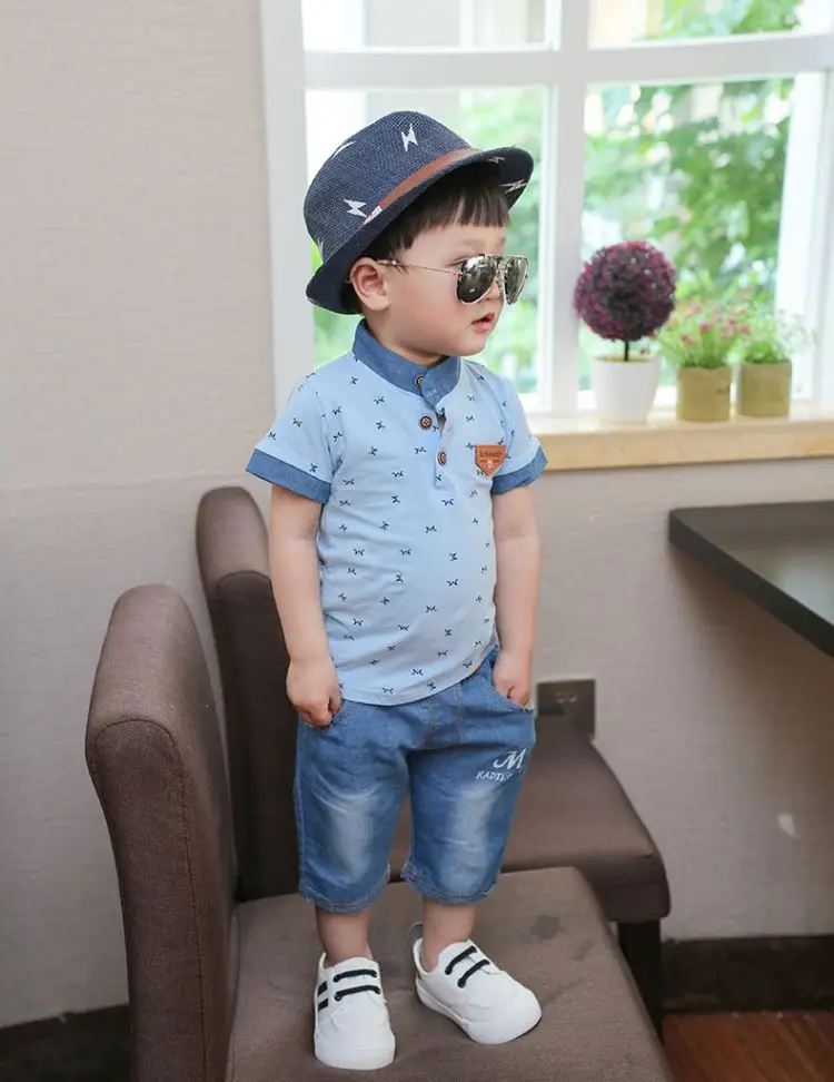Cool Denim Shorts Suit Set For Boys Summer Newborn Clothing With Short Sleeves And Jeans From