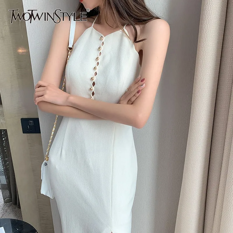 TWOTWINSTYLE Summer Solid Women Dress Sleeveless Halter High Waist Slim Button Side Split Dresses Female Fashion 2019 New
TWOTWINSTYLE Summer Solid Women Dress Sleeveless Halter High Waist Slim Button Side Split Dresses Female Fashion 2019 New