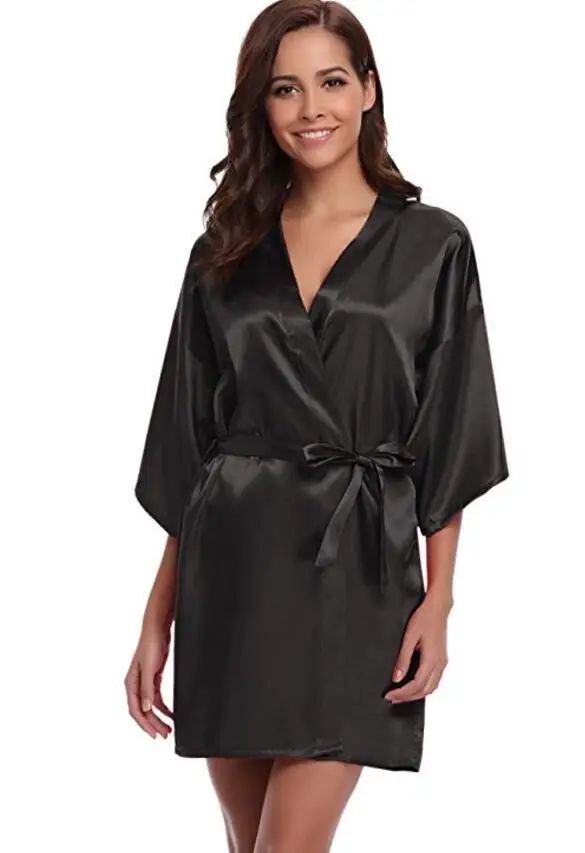 Women Silk Satin Short Night Robe Solid Kimono Robe Fashion Bath Robe Sexy Bathrobe Peignoir Femme Wedding Bride Bridesmaid Robe 100