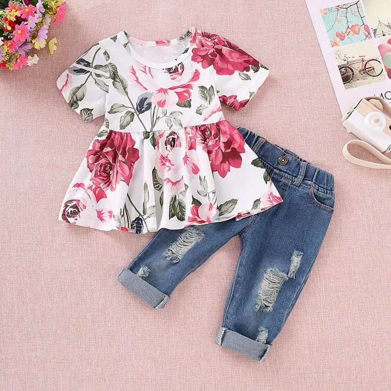 2Pcs Toddler Ruffle Outfits Short Sleeve Floral Girls Shirt Tops + Denim Pants Ripped Jeans Baby Girl Clothes Sets
2Pcs Toddler Ruffle Outfits Short Sleeve Floral Girls Shirt Tops + Denim Pants Ripped Jeans Baby Girl Clothes Sets