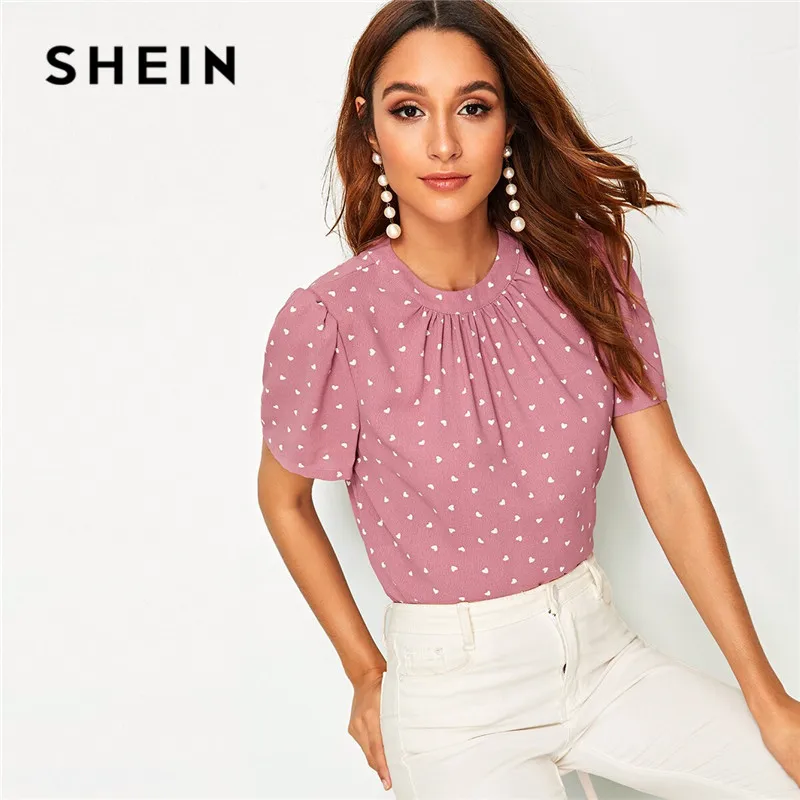 

SHEIN Pink Gathered Neck Puff Sleeve Confetti Heart Print Summer Blouse Round Neck Short Sleeve Casual Womens Tops And Blouses