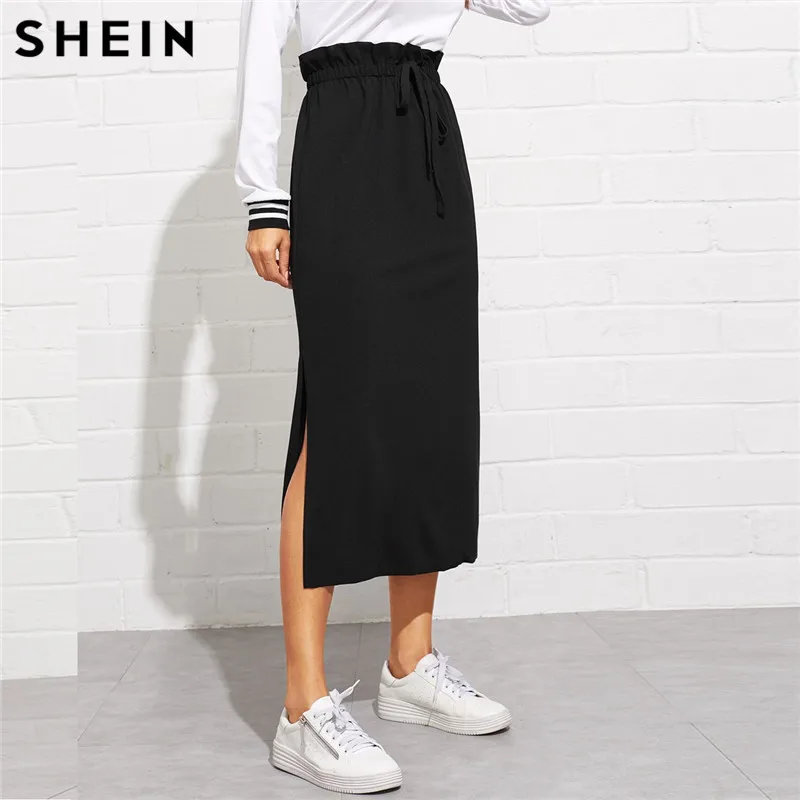 

SHEIN Black Paperbag Waist Split Side Skirt Autumn Casual Workwear Women Maxi Skirt High Waist Belted Split Hem Midi Skirt