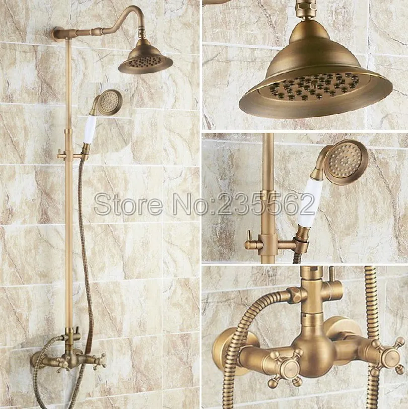 

Retro Bathroom Rainfall Shower Head Faucet Set Wall Mounted Antique Brass Finish Dual Cross Handle Mixer Tap +Hand Spray lrs134
