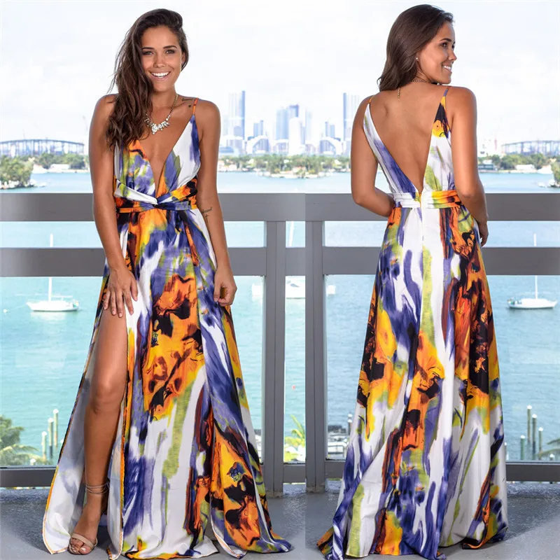 Beach Style Women Long Dress Deep V Sleeveless Backless High Split Print Dress Invisible Zipper Design Ladies Holiday Dress
Beach Style Women Long Dress Deep V Sleeveless Backless High Split Print Dress Invisible Zipper Design Ladies Holiday Dress