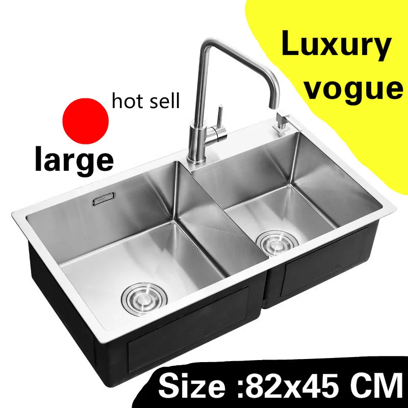 

Free shipping Apartment kitchen manual sink double groove luxury do the dishes 304 stainless steel hot sell large 820x450 MM