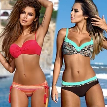 2019 sólido conjunto de biquíni sexy biquini push up maiô feminino halter top banho impressão senhoras plus size beach wear biquini(China)
