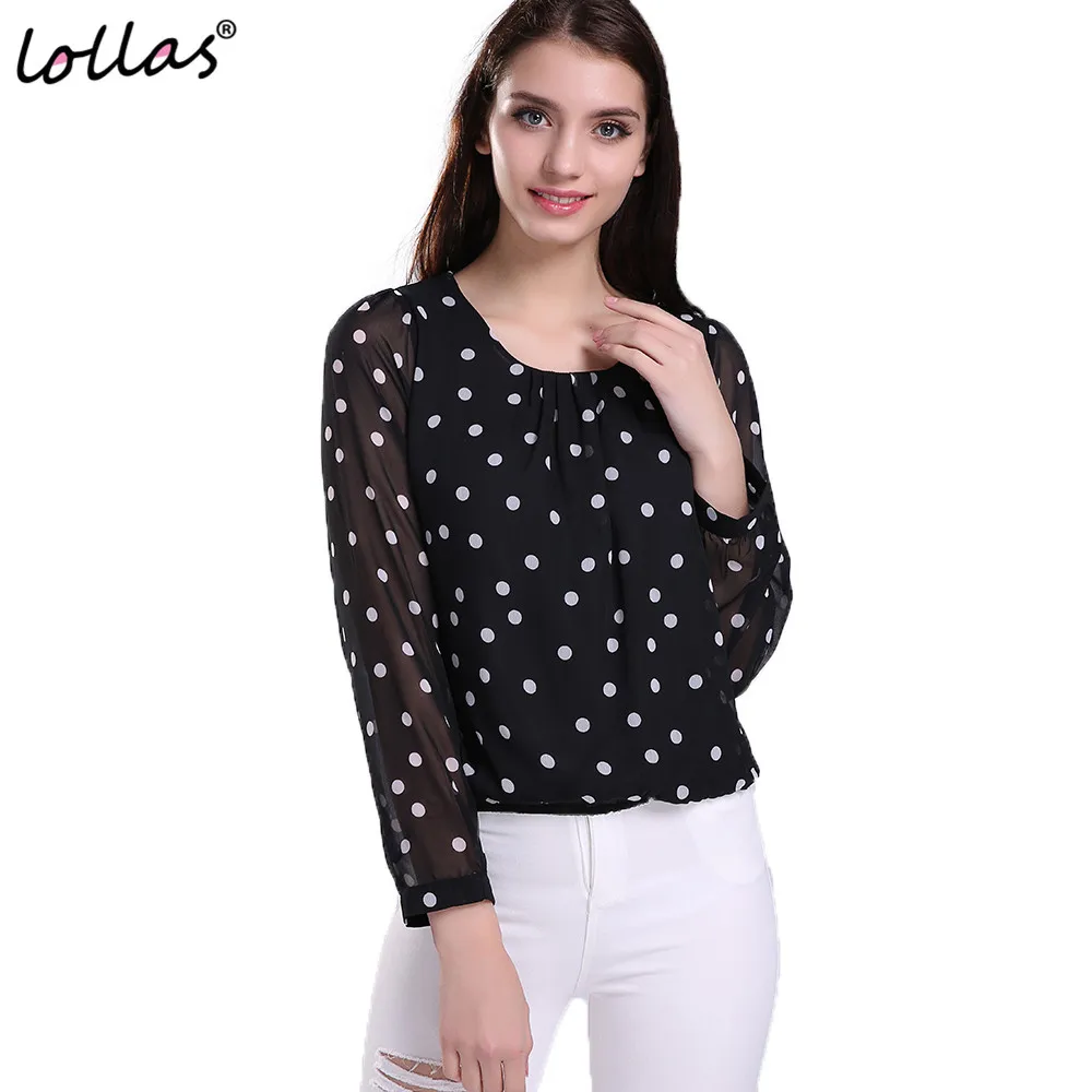 lollas New Fashion Dot Chiffon Blouse Women Plus Size Long Sleeve Black | Женская одежда