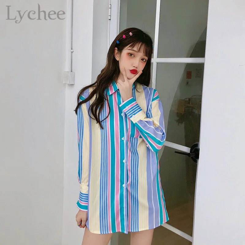 Lychee Harajuku Hit Color Rainbow Stripe Female Blouse Pocket Turn-down Collar Long Sleeve Loose Summer Women Blouse
Lychee Harajuku Hit Color Rainbow Stripe Female Blouse Pocket Turn-down Collar Long Sleeve Loose Summer Women Blouse