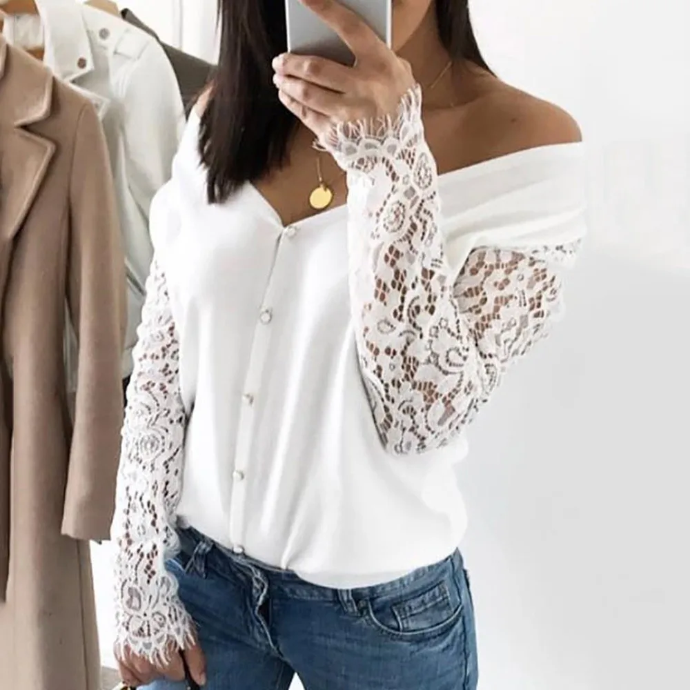Fashion Womens Tops And Blouses Women's Solid Off Shoulder Patchwork Lace Insert Sleeve Shirt Tops Blouse Roupa Feminina
Fashion Womens Tops And Blouses Women's Solid Off Shoulder Patchwork Lace Insert Sleeve Shirt Tops Blouse Roupa Feminina