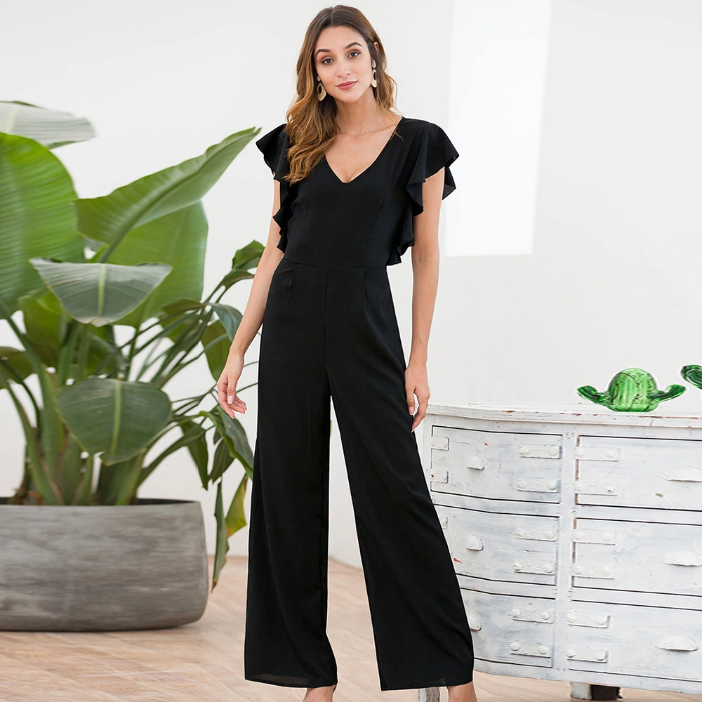 Black Women Elegant Jumpsuit Office Lady Summer V-Neck Flutter Sleeve Ruffled Wide Leg Pants Fashion Jumpsuit Solid Overalls
Black Women Elegant Jumpsuit Office Lady Summer V-Neck Flutter Sleeve Ruffled Wide Leg Pants Fashion Jumpsuit Solid Overalls