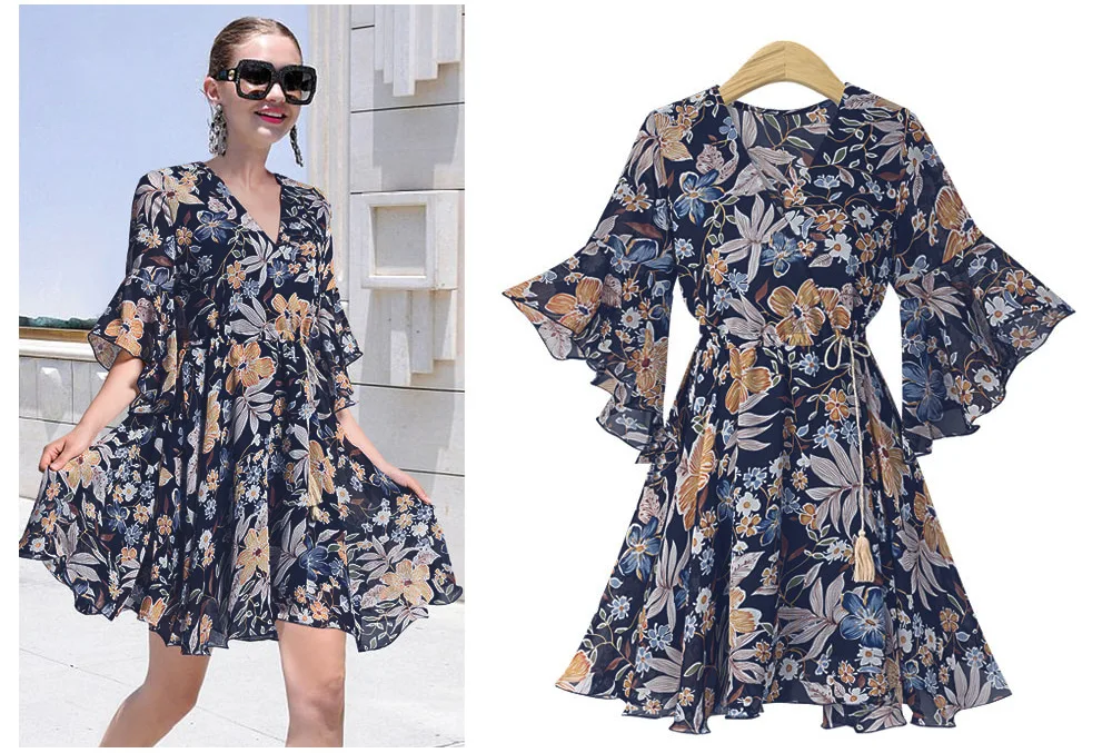 Chiffon Summer Dress Woman Models Foral Printed V-neck Seaside Holiday Mini Dresses 2019 New Female
Chiffon Summer Dress Woman Models Foral Printed V-neck Seaside Holiday Mini Dresses 2019 New Female
