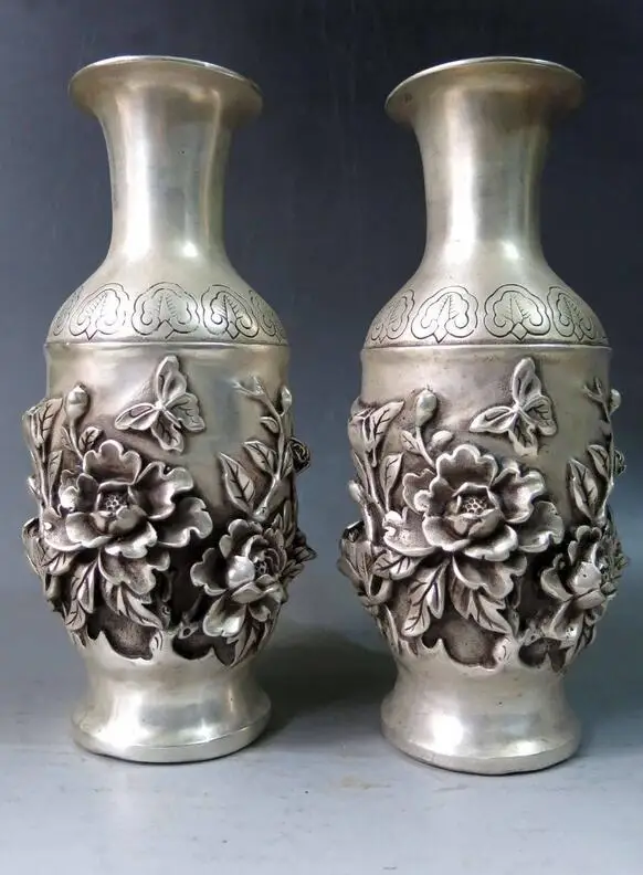 67110348+++10" China silver carved Beautiful Peony flower Butterfly Vases pair Statue
67110348+++10" China silver carved Beautiful Peony flower Butterfly Vases pair Statue